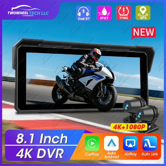 Srnubi 8.1" 4K GPS Moto DVR – CarPlay & Android Auto